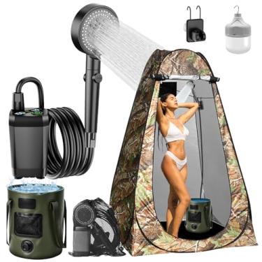 Imagem de HeiPen Kit de chuveiro portátil para acampamento, chuveiro externo recarregável com barraca de privacidade pop-up, luz LED, balde dobrável de 19 litros, ideal para acampamento, praia, viagens, lavagem