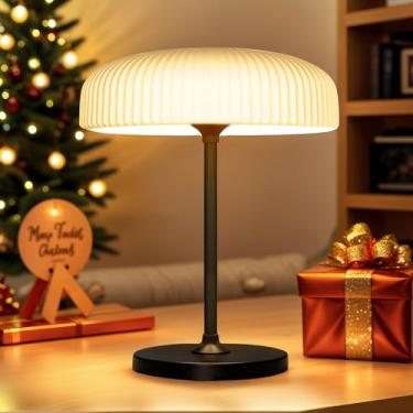 Imagem de ivSunTEK Abajur de mesa moderno para uso externo, sombra plissada branca, base de metal preta, IP65 à prova d'água, carregamento solar/USB, controle de toque regulável, iluminação de deck de pátio de