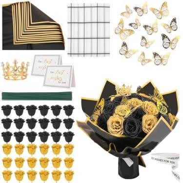 Imagem de Ovveroche Kit de buquê de rosas com glitter de 36 peças, preto, arranjo de flores brilhantes douradas com hastes, borboletas, coroa, papel de embrulho, cartão, fita para casamento, graduação