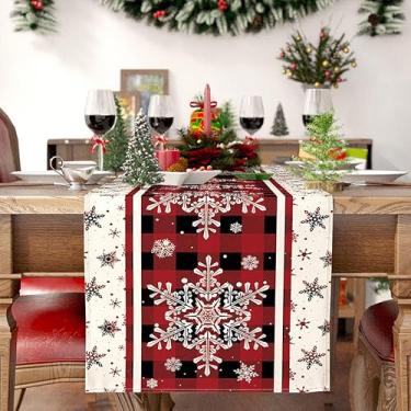 Imagem de Caminho de mesa de Natal com flocos de neve xadrez, decoração de mesa de jantar de cozinha de inverno sazonal para decoração de festa em casa 33 x 182 cm