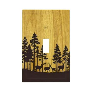 Imagem de Naiqadnehz Placa decorativa para interruptor de luz, floresta, veado, pinheiro, grão de madeira, 1 gangue, placa de parede, interruptor único, capas para decoração de quarto, casa