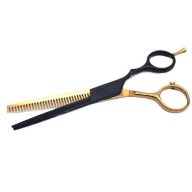 Imagem de Tesoura profissional reversa, com lâmina voltada para baixo, adequada para barbeiros e cabeleireiros cortarem cabelo