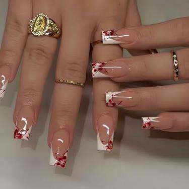 Imagem de Pregos postiços médios longos quadrados franceses brancos com flor simples Desien cobertura completa cola acrílica falsa em unha para mulheres, 24 peças