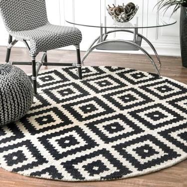 Imagem de nuLOOM Kellee Tapete de lã com diamantes modernos tufados à mão, 1,5 m, redondo, preto