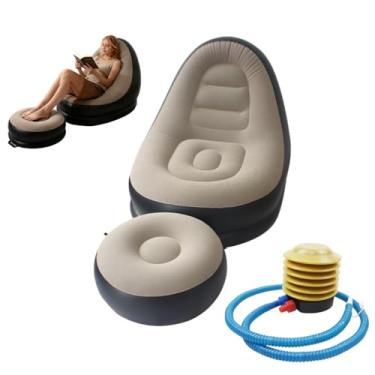 Imagem de Cadeira inflável com otomano para adultos sofá dobrável portátil preguiçoso com banco de pé para acampamento, sofá inflável de jogos para adultos com superfície flocada com bomba