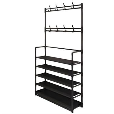Imagem de Prateleira Organizadora 5 Níveis para Calçados e Roupas,Sapateiras Dobráveis,Plástico PP e Metal, 172x60x17cm, com 8 Ganchos - Preta