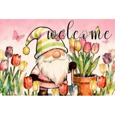 Imagem de kaiwern Tapete de porta de boas-vindas primavera verão rosa gnomo tulipa flor tapete de entrada exterior tapete decorativo para entrada externa sala de estar interior decoração de casa de banho