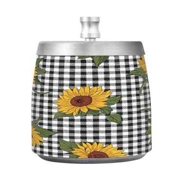 Imagem de JUZIHAI Cinzeiro xadrez girassol búfalo com tampa, bandeja de aço inoxidável inodoro à prova de vento cinzeiro sem fumaça para escritório em casa, pátio, varanda, cigarro