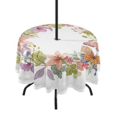 Imagem de Qilmy Linda toalha de mesa redonda de borboleta de 152 cm à prova d'água com orifício para guarda-chuva e zíper – uso externo / interno resistente para pátio, churrascos, piqueniques, festas (serve