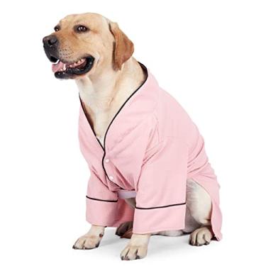 Imagem de Roupa de Banho para Cachorro Pijama Toalha Secagem Pet Spa Dormir Cães Fácil Vestir e Tirar com Botões Pressão Cinto Pei