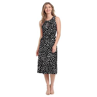 Imagem de London Times Vestido midi feminino de jérsei sem mangas com cinto, Preto/branco macio, 50