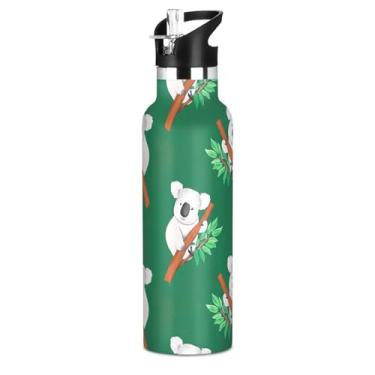 Imagem de Garrafas de água isoladas de aço inoxidável de 590 ml com tampa de palha, folhas de coala, garrafa de água verde para meninos, meninas, copos de viagem para crianças, livre de BPA, aspirador de parede