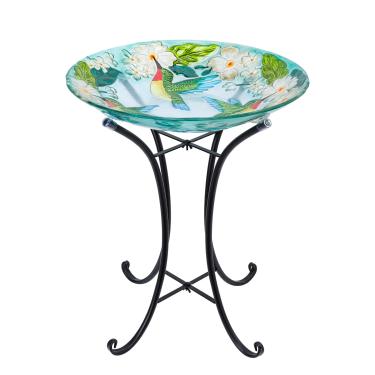 Imagem de MUMTOP Banheiras para pássaros ao ar livre, tigela grande de vidro para beija-flor com suporte de metal, alimentadores de pássaros para exterior e jardim, pátio, decoração de gramado (hortênsia)