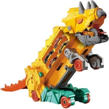 Imagem de Caminhão Dinossauro T-Rex Transportador 3 em 1, Caminhão Maleta com Carrinhos de Brinquedo, Garagem Maleta Transformável, Amarelo