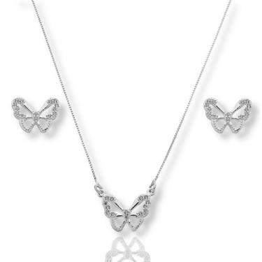 Imagem de Colar Com Pingente e Brinco Feminino Borboleta Prata Pura - Lojas La&N