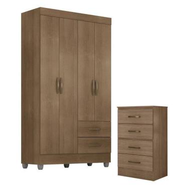 Imagem de Guarda Roupa Solteiro 4 Portas E Cômoda 4 Gavetas Lite Carvalho Oak - Móveis Leão