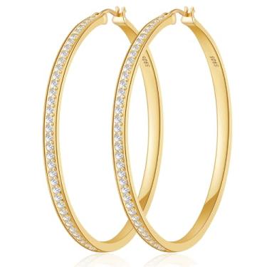 Imagem de BMMYE Brincos de argola de strass para mulheres brilhantes e grandes argolas de zircônia cúbica para orelhas sensíveis, brincos de prata esterlina/banhados a ouro com strass 20/30/40/50/60/70 mm