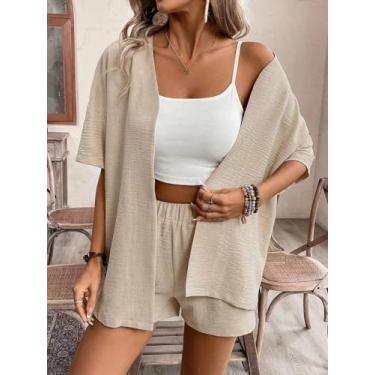 Imagem de Conjunto feminino bege de 2 peças - quimono de manga curta e shorts, Damasco, M