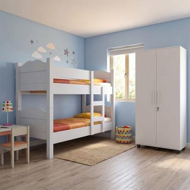 Imagem de Conjunto Beliche Madrid Branco com Grades + Armário Organizador Ouro 2 Portas Branco co...