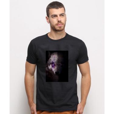 Imagem de Camiseta masculina Preta algodao Lobo Olho roxo Animais Fundo Preto