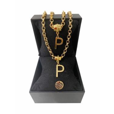 Imagem de Colar + Pulseira Elo Português Grosso 6mm Letra "P"