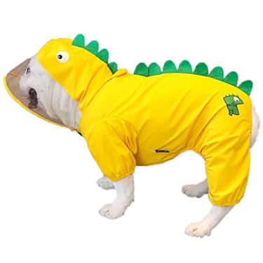 Imagem de Casaco de chuva de buldogue francês com capuz em forma de dinossauro à prova d'água macacão de cachorro com aba transparente jaqueta de chuva para cães pequenos e médios, amarelo, GG (costas: 32)