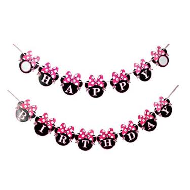 Imagem de NEWTGAN Faixa de feliz aniversário orelhas de rato, decorações de festa estilo mini mouse, suprimentos de festa, decoração de chá de bebê para meninas (estilo1)