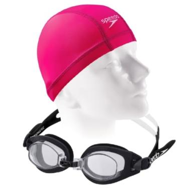 Imagem de Kit Natação Speedo Óculos Freestyle SLC + Touca Xtrafit Tecido Confortável (óculos preto/touca rosa)