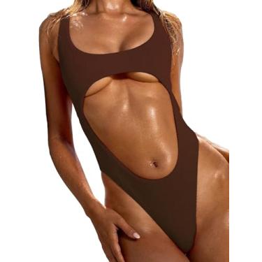 Imagem de BEAUDRM Maiô feminino liso com recorte alto e costas nuas de malha canelada Y2K roupa de banho roupa de banho roupa de banho roupa de banho, Marrom café, P