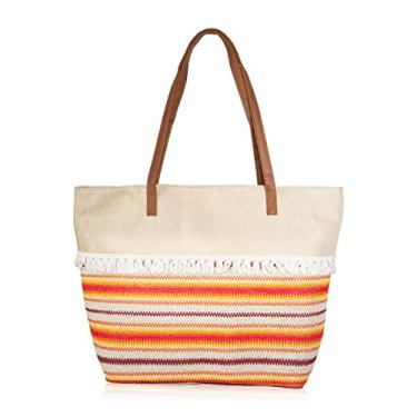 Imagem de RIAH FASHION Bolsa de praia grande reutilizável Eco Shopper - Bolsa de ombro de viagem de tecido de lona listrada xadrez, Bolsa listrada com padrão de nó - Multi, One Size