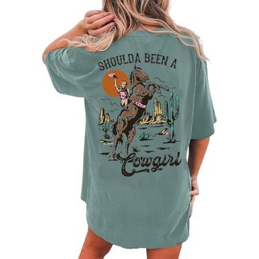 Imagem de BOMYTAO Camiseta feminina grande Cowgirl Should A Been A Cowgirl camiseta com estampa ocidental Rodeo Country Western Shirts, Verde, P