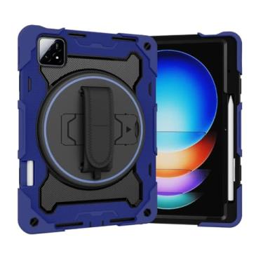 Imagem de Capa com suporte robusto para Xiaomi Pad 6S Pro 12.4 2024 capa de silicone segura para crianças com compartimento para caneta, alça de mão giratória 360 para tablet (azul escuro, para Pad 6S Pro 12.4