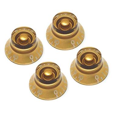 Imagem de Vintage Forge Puxadores de sino de cartola dourada compatíveis com guitarra elétrica Epiphone Les Paul Import (conjunto de 4) serve para 18 potes de eixo dividido alfa (métrico) com estrias grossas embutidas RB18M-GLD4