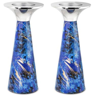 Imagem de Conjunto de castiçais Zion Judaica moderno e versátil serve para velas de shabat afuniladas de 2,7 cm de espessura ou velas de tealight, decalque de mármore azul e dourado, suporte de castiçal para