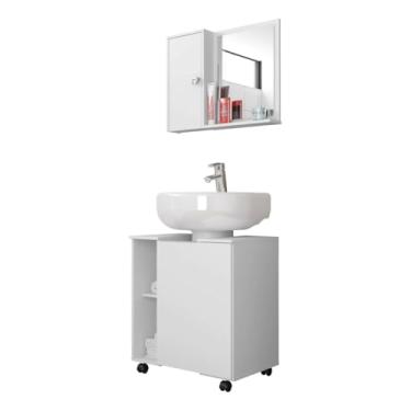 Imagem de Conjunto Gabinete Armário Banheiro Para Pia de Coluna Pequin Com Espelheira Gênova (BRANCO)