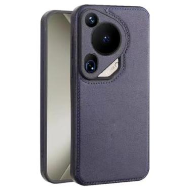 Imagem de HAO RIYLN Capa de couro para Huawei Pura 70 Ultra/70 Pro +/70 Pro/70, proteção de lente com tudo incluído, capa fina, à prova de choque, retrô, azul, 70 Ultra