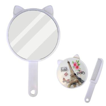 Imagem de Espelho De Mão 2em1 com Pente Gatinho para Maquiagem - Equipe F, Branc