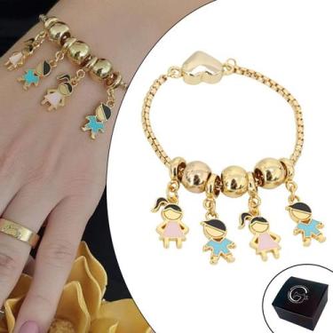 Imagem de Pulseira Berloque Com Pingente Meninos e Meninas Banhado a Ouro Fecho 