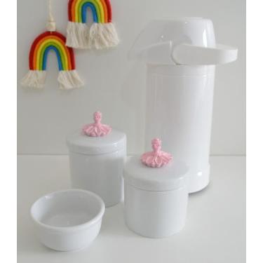Imagem de kit Higiene Bebê Potes K022 Rosa Cotonete Algodão Limpeza Porcelana Mu