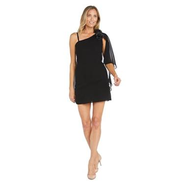 Imagem de R&M Richards Mini vestido elegante de um ombro só com detalhe floral e capelet, Preto, 50