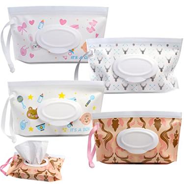 Imagem de DOMMARE Dispensador de lenços umedecidos para bebês, pacote com 4 lenços umedecidos portáteis - suporte reutilizável para lenços - capa impermeável leve recarregável com zíper selado para manter os lenços limpos e úmidos