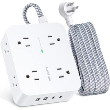 Imagem de Faixa de alimentação com protetor de picos de 6 pés com USB C, cabo de extensão com 8 saídas largas (2,2 polegadas) e 4 portas USB (2 USB C), tomada plana, montagem na parede, extensor de