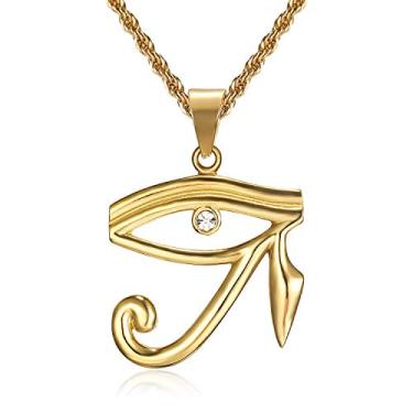 Imagem de Colar de aço inoxidável com pingente egípcio de olho de Hórus banhado a ouro 18K para homens e mulheres, corrente de 61 cm, joia de amuleto para presente, Zircônia cúbica, Zircônia cúbica