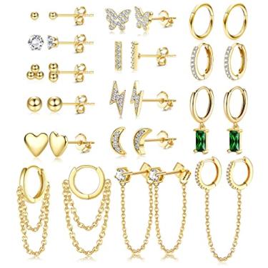 Imagem de LOYALLOOK Conjunto de brincos e argolas folheados a ouro 14 k para mulheres conjunto de brincos de argola de pressão delicado minimalista lua coração borboleta CZ bola pequena corrente pendente conjunto de brincos de argola para vários piercings, Metal, aço inoxidável