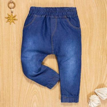 Imagem de Calça Para Bebê Jeans Jogger Bolsinho Bordado Azul Escuro - Era Uma Ve