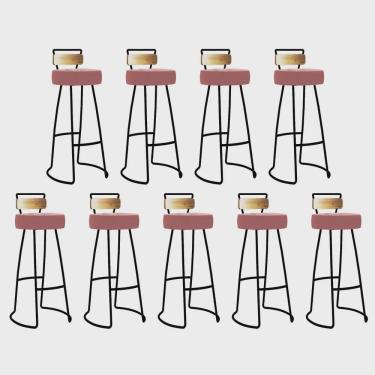 Imagem de Kit 09 Banqueta Alta Alice Bar Balcão Cozinha Com Encosto Madeira Ferro Preto Suede Rose Gold - Ahz Móveis
