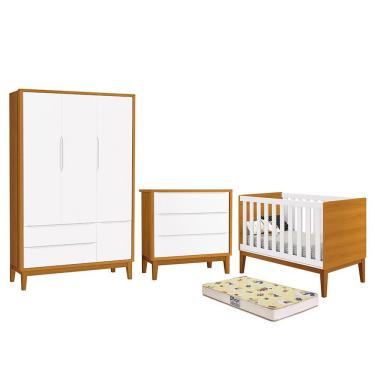 Imagem de Dormitório Infantil Classic 3 Portas, Cômoda, Berço com Pés Amadeirado e Colchão D18 - Reller Móveis Branco/Savana