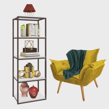 Imagem de Kit Poltrona Fatte com Manta Soft Verde e Estante Livreiro Ferro Marrom mdf Branco Suede Amarelo - Ahz Móveis