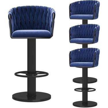 Imagem de Bancos de barra giratória Conjunto de 2, cadeiras de jantar estofadas de veludo com traseiras tecidas, bancos modernos da ilha da cozinha com apoio de pé, altura ajustável 65-80cm, branca, a