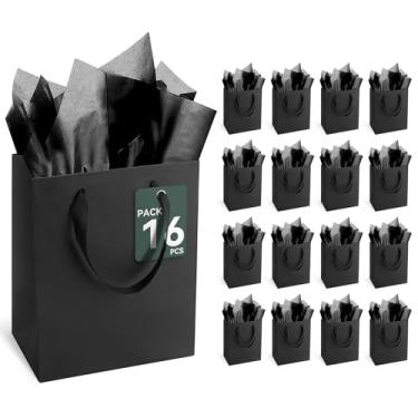 Imagem de Sacos de presente pretos com alças e papel de seda, 16 peças, 20 x 12 x 25 cm, sacos de presente de papel kraft, a granel para casamento, festa, aniversário, negócios e compras, tamanho médio